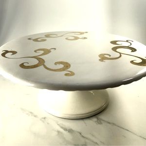 VINTAGE 🎂 CAKE PLATE SIGNED JW 1961 IVORY & GOLD Cottage Core Granny Kitsch